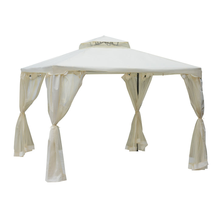 Pérgola de Jardim 3x3m Pérgola de Exterior com Duplo Teto de Ventilação 4 Cortinas Laterais 4 Orifícios de Drenagem e 4 Telas Mosquiteiras com Zíper para Festas Pátio Creme