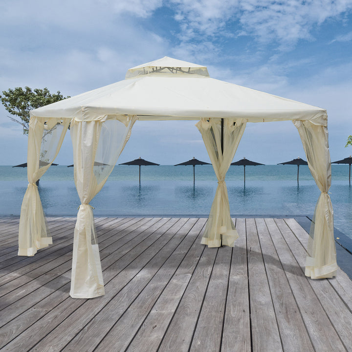 Pérgola de Jardim 3x3m Pérgola de Exterior com Duplo Teto de Ventilação 4 Cortinas Laterais 4 Orifícios de Drenagem e 4 Telas Mosquiteiras com Zíper para Festas Pátio Creme