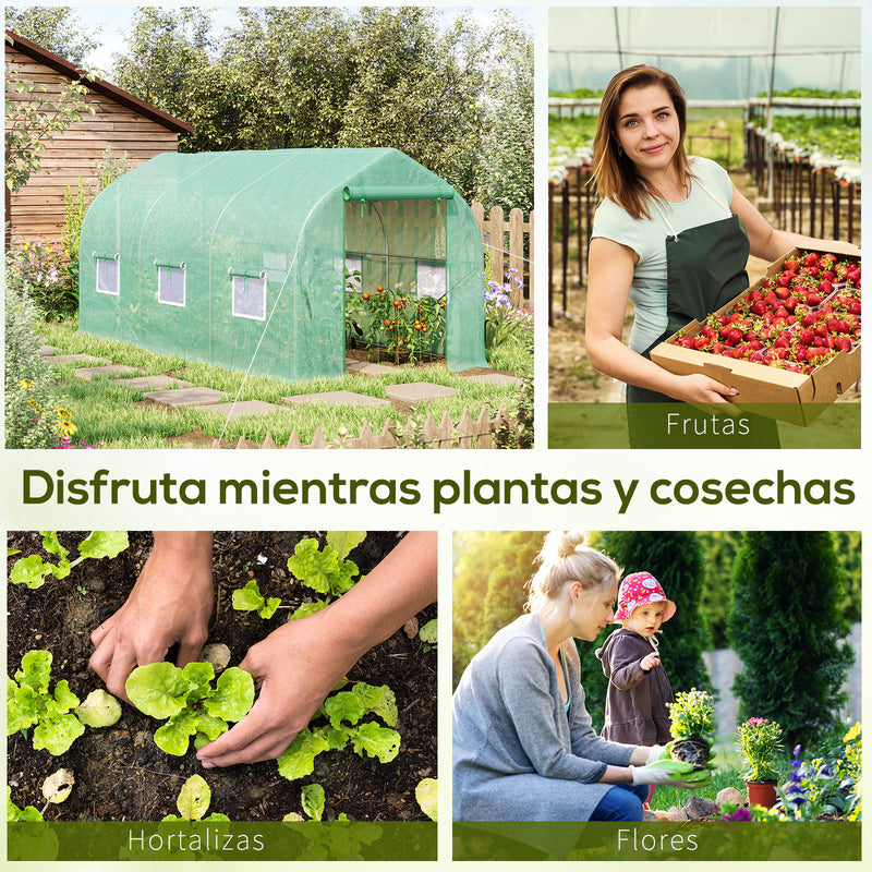 Estufa de Jardim 400x200x200cm Tipo Túnel com 6 Janelas Transpiráveis e Portas Enrolável com Zíper para Cultivo de Plantas e Verduras Verde