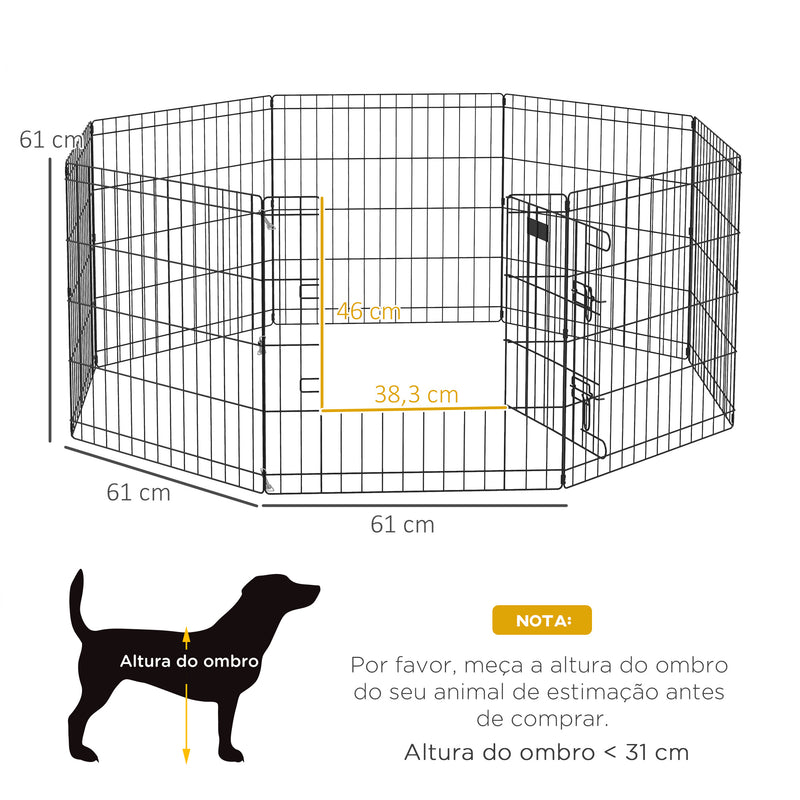 Parque para Cães 8 Painéis 61x61cm Dobráveis Gaiola Metálica para Animais de Estimação com Porta e Dupla Fechadura para Jardim Pátio Exterior Preto