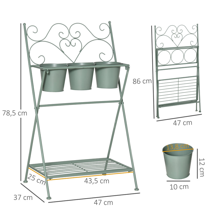 Suporte de Metal para Plantas Dobrável com 3 Vasos Incluidos e Prateleira Inferior Suporte para Vasos de Flores Decorativo para Interior e Exterior 47x37x78,5cm Verde