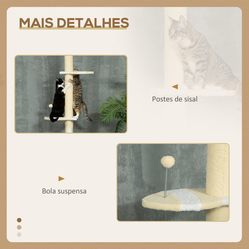 Árvore para Gatos do Chão ao Teto 220-260cm Altura Ajustável Torre para Gatos com 3 Plataformas Poste de Sisal e Bola para Brincar 47x34x220-260cm Creme