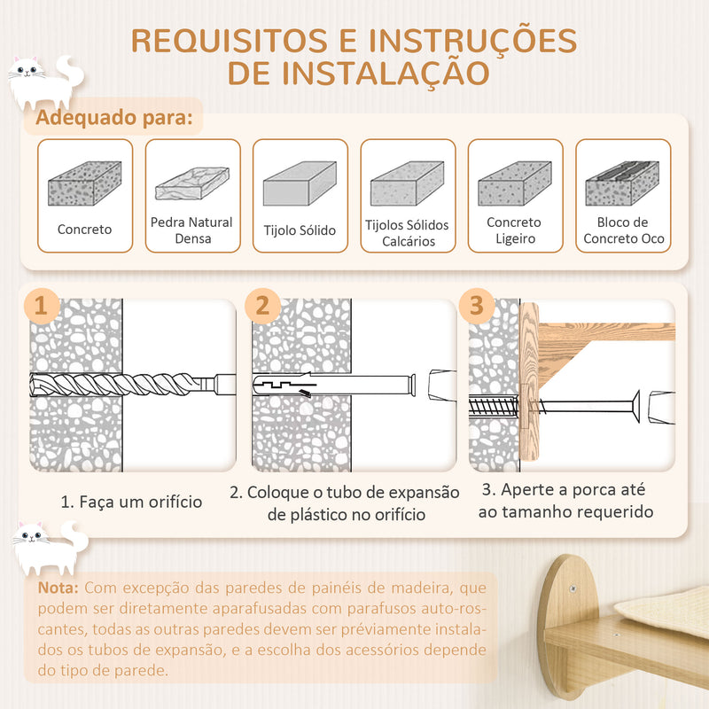 Prateleiras de Parede para Gatos 3 Peças Conjunto de Prateleiras de Escalada para Gatos com Caverna Rede Plataforma e Poste de Sisal Carvalho