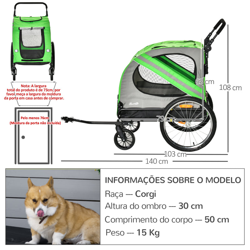 Reboque de Bicicleta para Cães 2 em 1 Transporte para Animais de Estimação com Porta Enrolável Janelas Cinto de Segurança Bandeira e 6 Refletores 134x73x108cm Verde