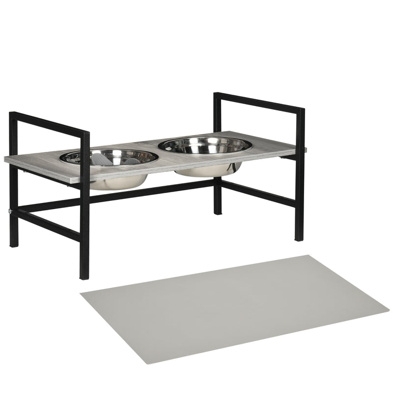 Comedouro Elevado para Cães com Altura Ajustável Comedouro para Cães com 2 Tigelas de 1100ml de Aço Inoxidável Tapete e Alimentador Lento 60x33x10-31,5cm Cinza