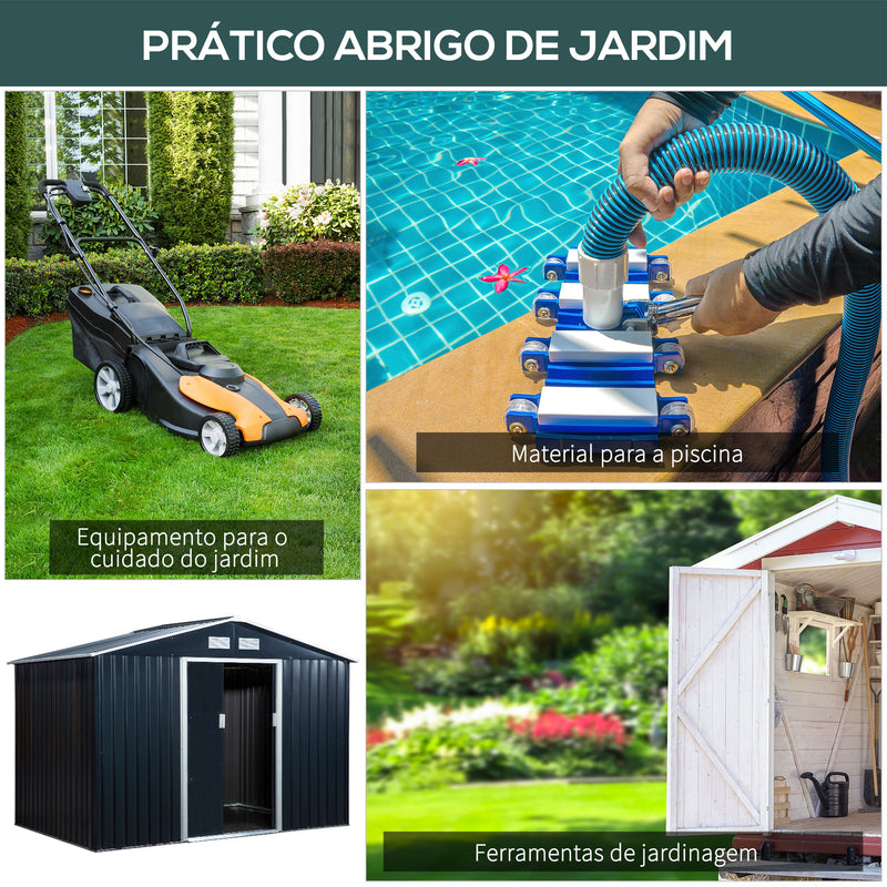 Abrigo de Jardim Exterior Abrigo e Jardim Metálico para Armazenamento de Ferramentas com Base Incluída e 4 Janelas 277x195x192cm Cinza Escuro