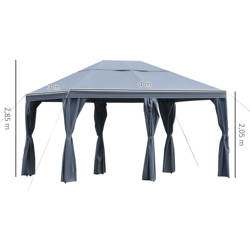 Pérgola 4x3 m Pérgola com 6 Cortinas com Zíper Teto com Ventilação 8 Orifícios de Drenagem para Festas Reuniões ao Ar Livre Cinza