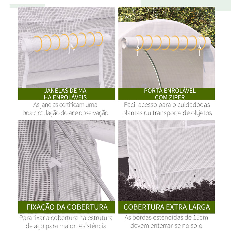 Estufa Tipo Túnel 245x200x200cm Estufa de Jardim com Portas Enroláveis e 4 Janelas Cobertura de PE 140 g/m² Estrutura de Metal para Cultivo de Plantas Verduras Branco