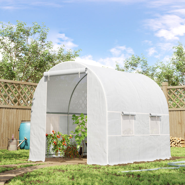 Estufa Tipo Túnel 245x200x200cm Estufa de Jardim com Portas Enroláveis e 4 Janelas Cobertura de PE 140 g/m² Estrutura de Metal para Cultivo de Plantas Verduras Branco