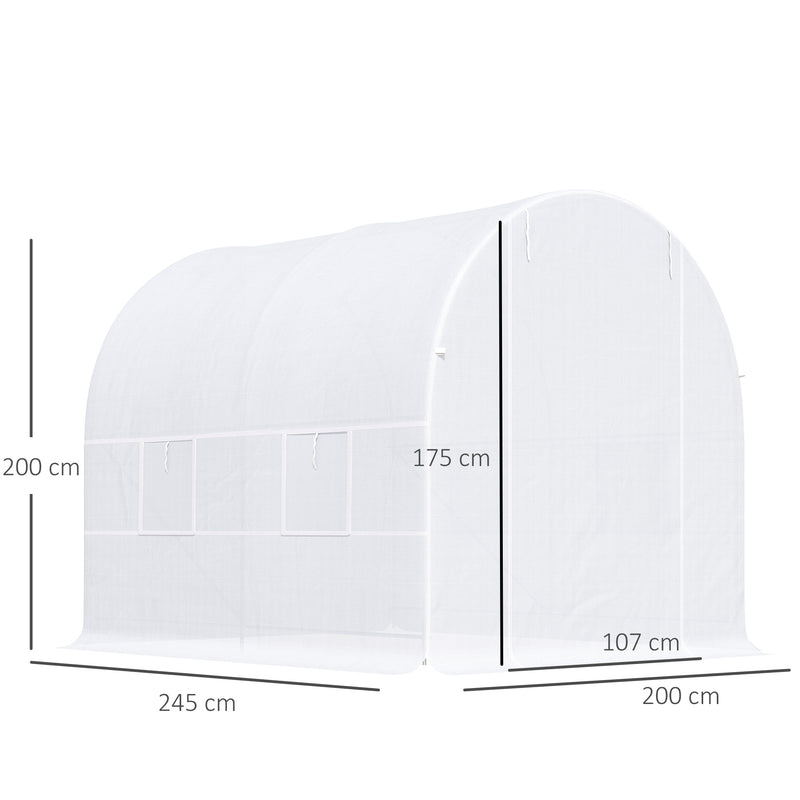 Estufa Tipo Túnel 245x200x200cm Estufa de Jardim com Portas Enroláveis e 4 Janelas Cobertura de PE 140 g/m² Estrutura de Metal para Cultivo de Plantas Verduras Branco