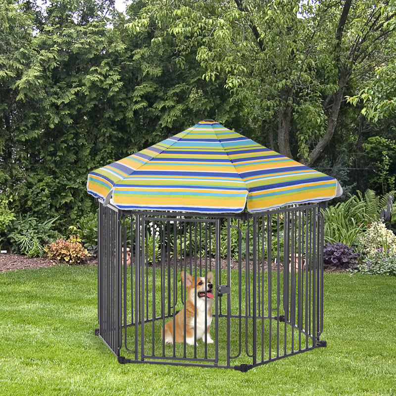 Parque para Animais de Estimação com 6 Barreiras de Metal 61x76cm Canil Desmontável para Cães com Teto Hexagonal e Porta com Fechadura de Segurança 122x105x119cm Preto e Colorido