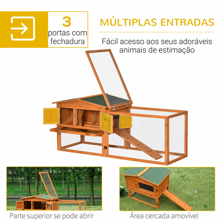 Coelheira de Madeira Exterior Gaiola para Coelhos de 2 Níveis com Teto Asfáltico 2 Áreas Cercadas Bandeja Removível 2 Portas Janela e Rampa 157,4x53x93,5cm Madeira Natural