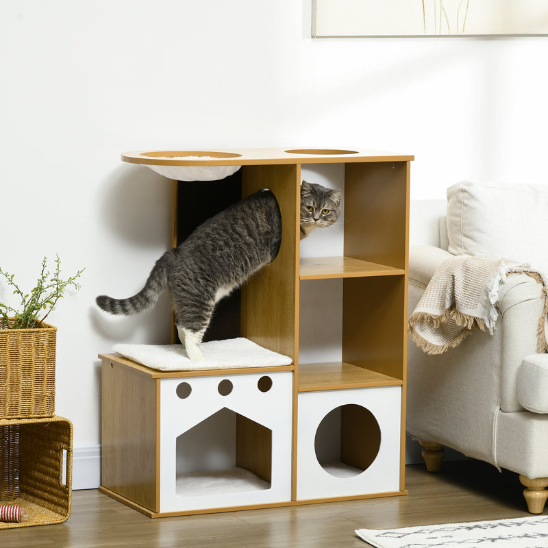 Casa para Gatos de Madeira 92,5cm Torre para Gatos com 2 Cavernas Arranhador Rede e Almofadas de Pélucia 76x37x92,5 cm Carvalho e Branco