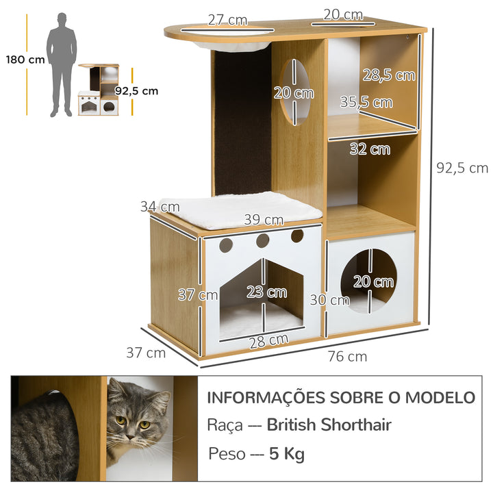 Casa para Gatos de Madeira 92,5cm Torre para Gatos com 2 Cavernas Arranhador Rede e Almofadas de Pélucia 76x37x92,5 cm Carvalho e Branco