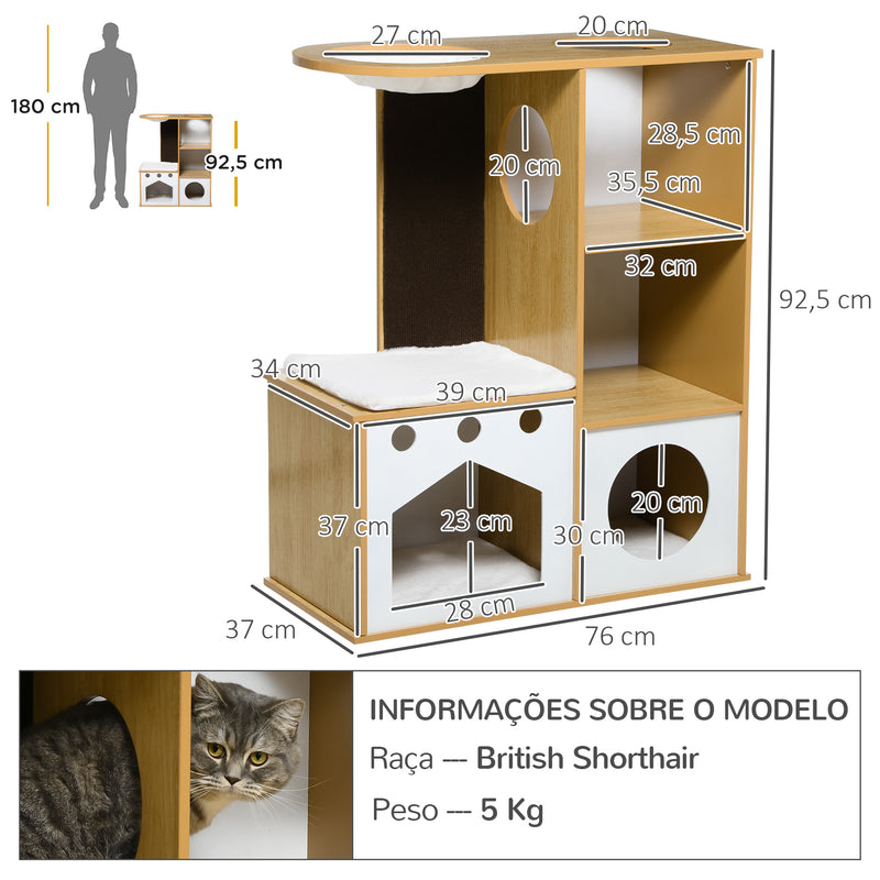 Casa para Gatos de Madeira 92,5cm Torre para Gatos com 2 Cavernas Arranhador Rede e Almofadas de Pélucia 76x37x92,5 cm Carvalho e Branco