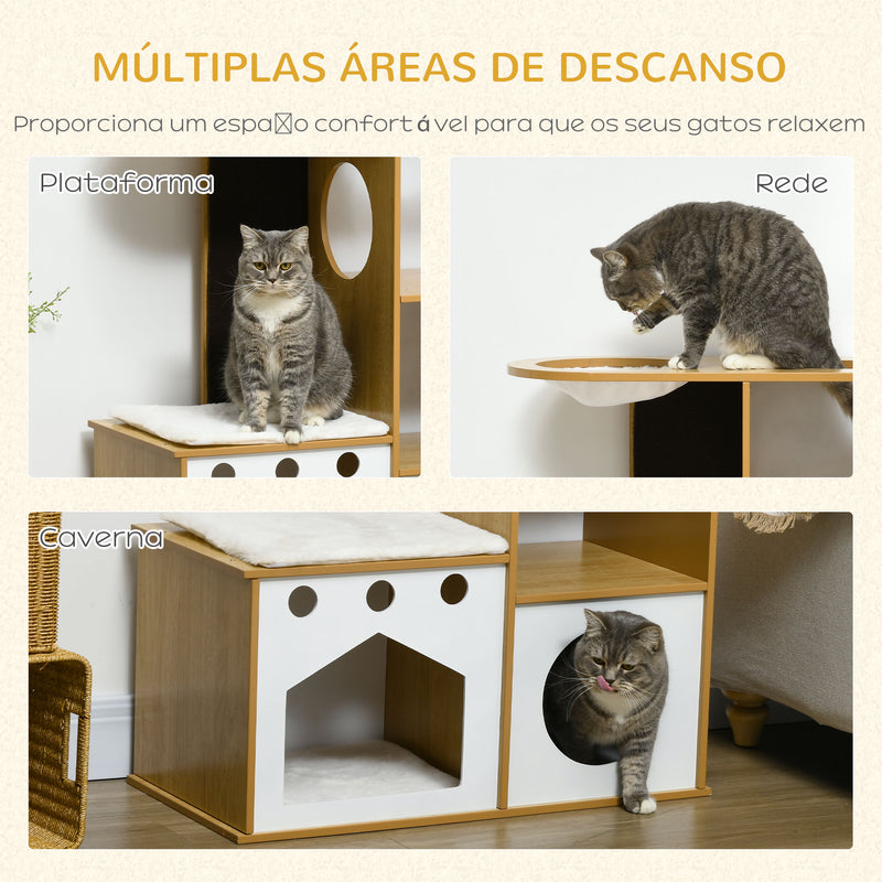 Casa para Gatos de Madeira 92,5cm Torre para Gatos com 2 Cavernas Arranhador Rede e Almofadas de Pélucia 76x37x92,5 cm Carvalho e Branco