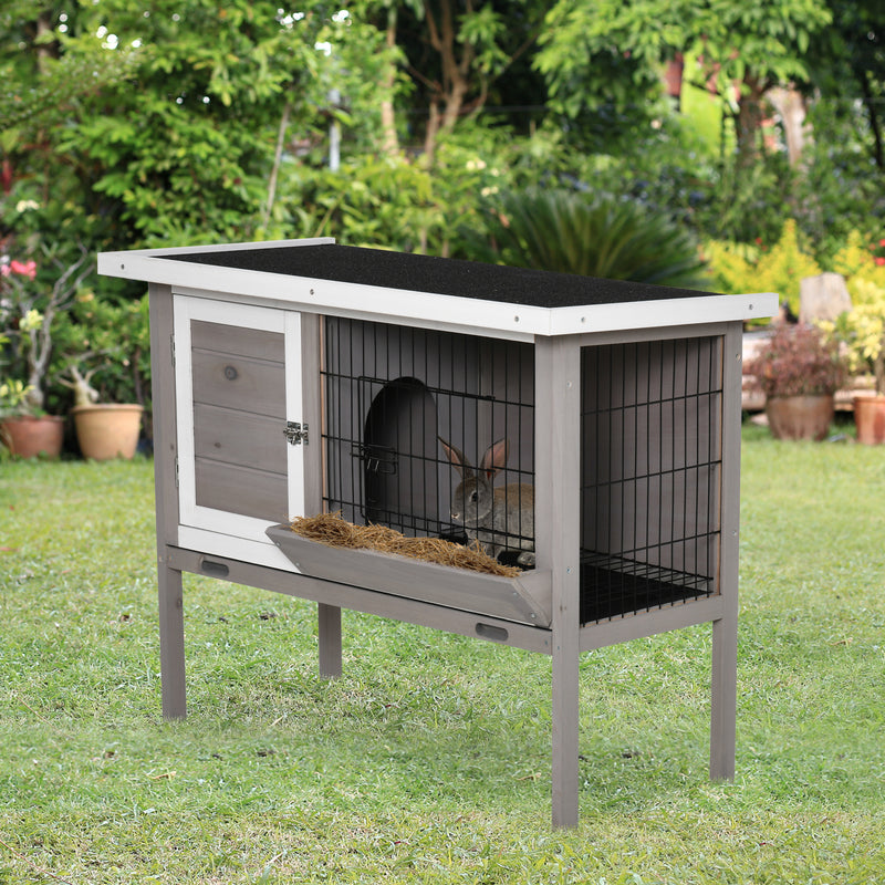 Coelheira de Madeira Exterior Gaiola Elevada para Coelhos Cobaias Animais Pequenos com Teto Asfáltico Abatível Comedouro Bandejas Removíveis e 2 Portas 91x46x71cm Cinza