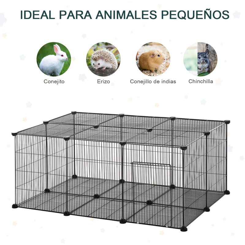 Parque de animais de estimação DIY Gaiola para pequenos animais de 22 painéis de malha de metal com porta 105x70x45 cm preto