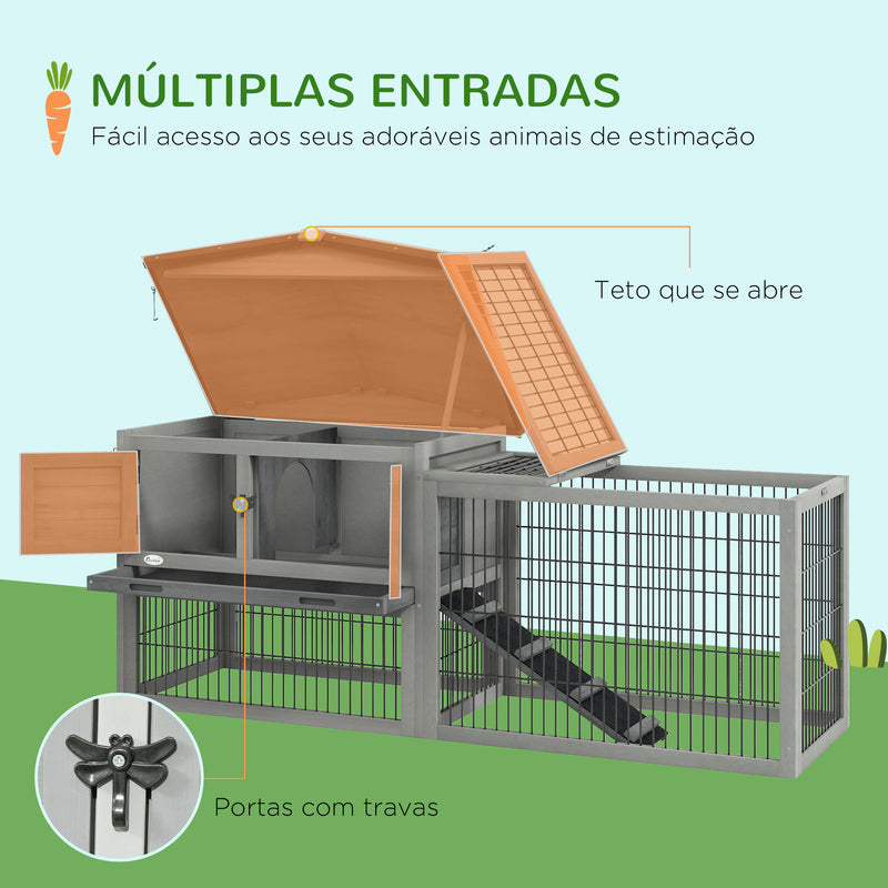 Coelheira Exterior de Madeira 150x52x68 cm Gaiola para 1-2 Coelhos com Teto Asfáltico Abatível Bandeja Amovível e Rampa Cinza