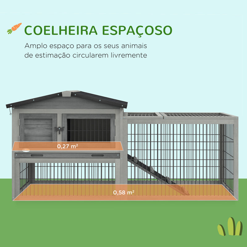 Coelheira Exterior de Madeira 150x52x68 cm Gaiola para 1-2 Coelhos com Teto Asfáltico Abatível Bandeja Amovível e Rampa Cinza