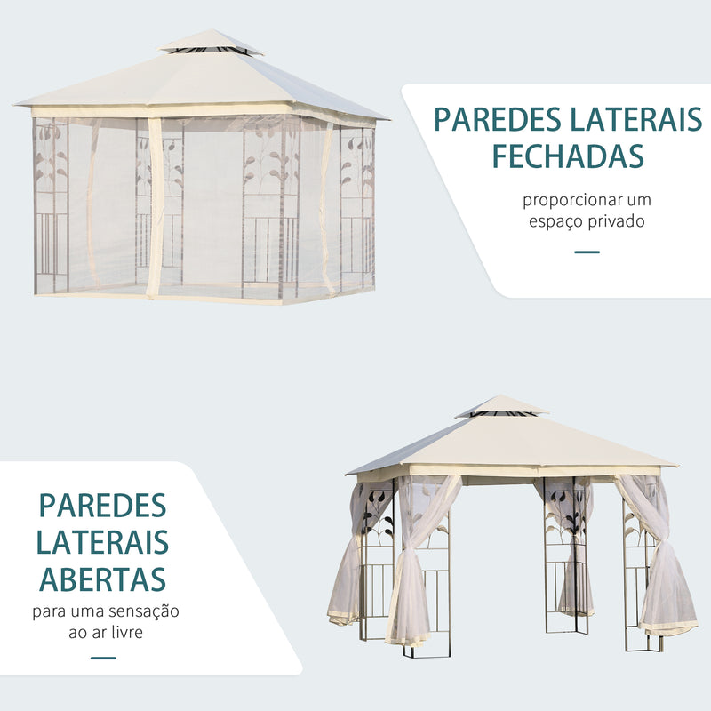 Pérgola de Jardim 300x300x280 cm Pérgola de Exterior com Teto Duplo Mosquiteira e Orifícios de Drenagem Branco