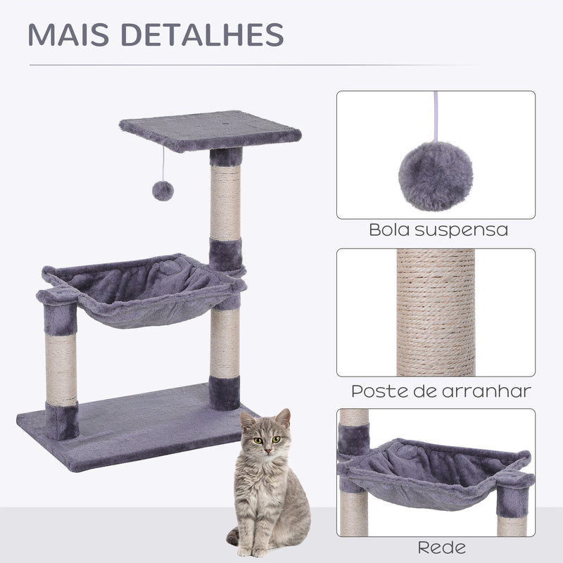 Árvore Arranhador para Gatos Torre para Gatos 50x36x70 cm Centro de Atividades com Rede Plataforma Poste de Sisal e Bola Suspensa Cinza