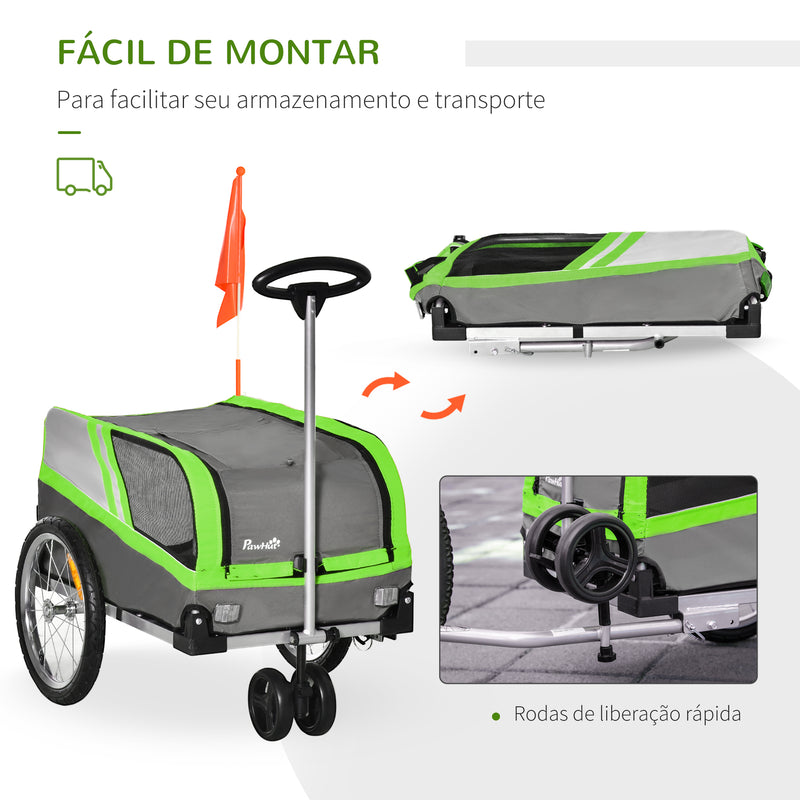 Reboque de Bicicleta para Cães 2 em 1 Carrinho para Animais de Estimação com Porta Enrolável Cinto de Segurança Bandeira e Refletores 130x64x92cm Verde e Cinza