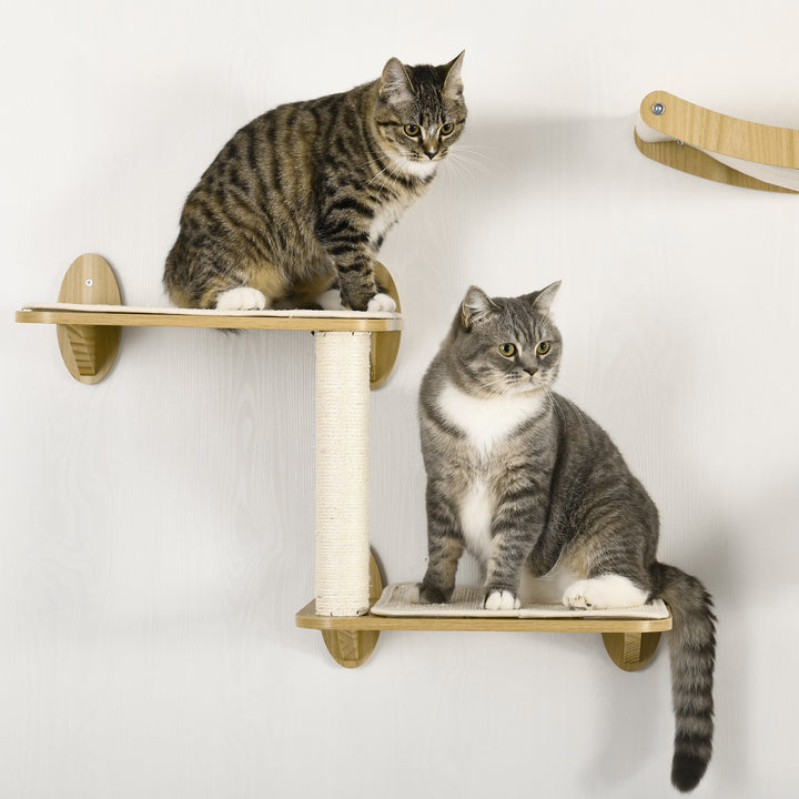 Prateleiras de Parede para Gatos 3 Peças Conjunto de Prateleiras de Escalada para Gatos com Caverna Rede Plataforma e Poste de Sisal Carvalho