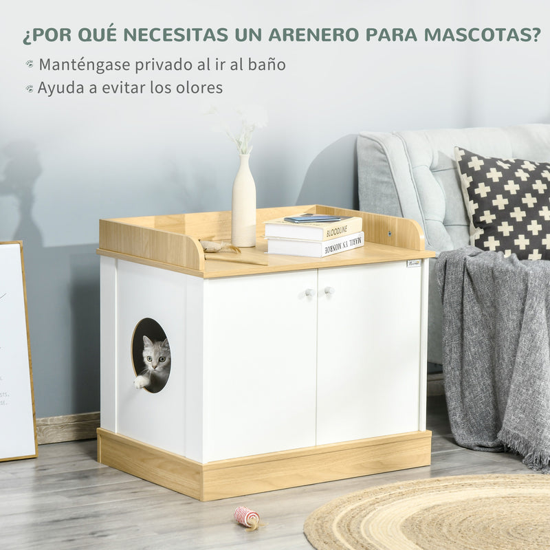 Casa para Gatos de Madeira Móvel Caixa de Areia para Gatos 2 em 1 com Bancada de Armazenamento Dupla Porta e Orifício de Entrada Lateral 75x53x67cm Branco e Carvalho