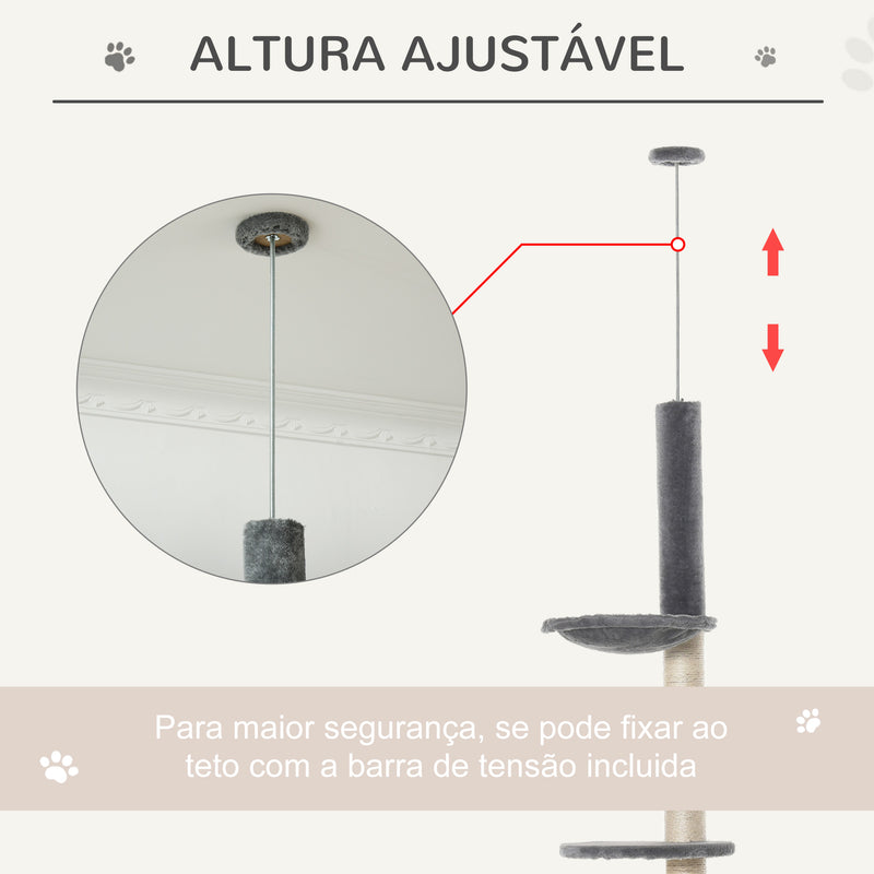 Árvore Arranhador para Gatos para Fixar ao Teto Altura Ajustável 230-280cm com Rede Caverna Rampa Bola pendurada 60x40x280cm Cinza Claro