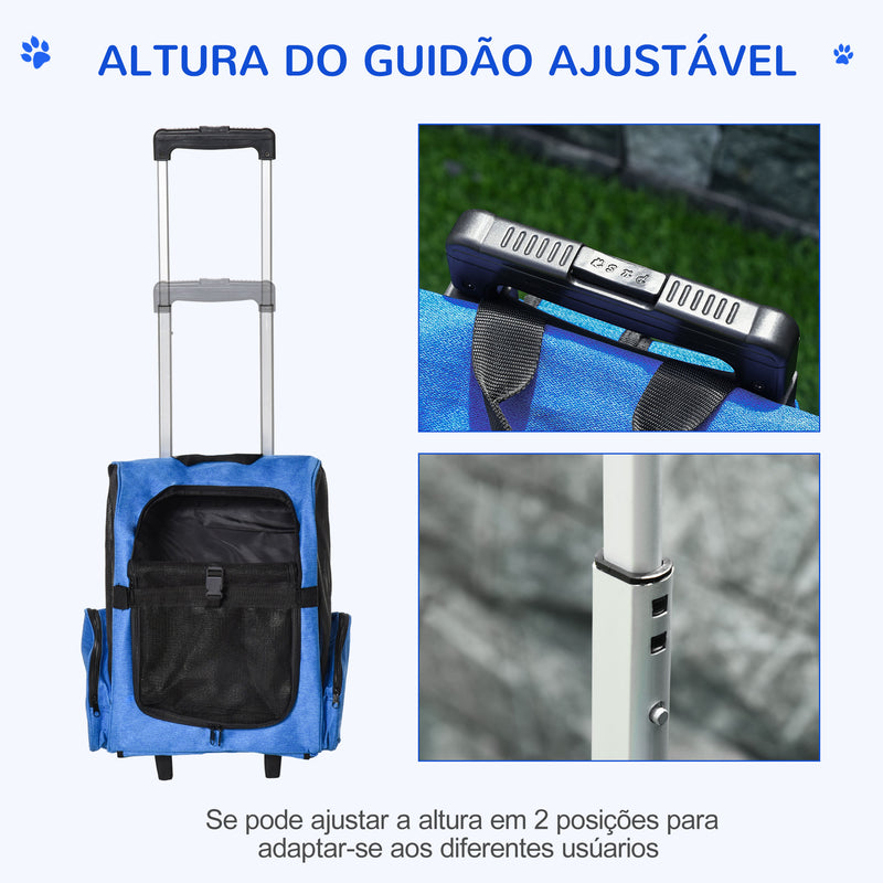 Transportadora para Animais de Estimação 2 em 1 Mochila de Viagem com 2 Rodas para Cães Gatos com Alça Retrátil de Alumínio e Bolso de Armazenamento 42x25x55cm Azul