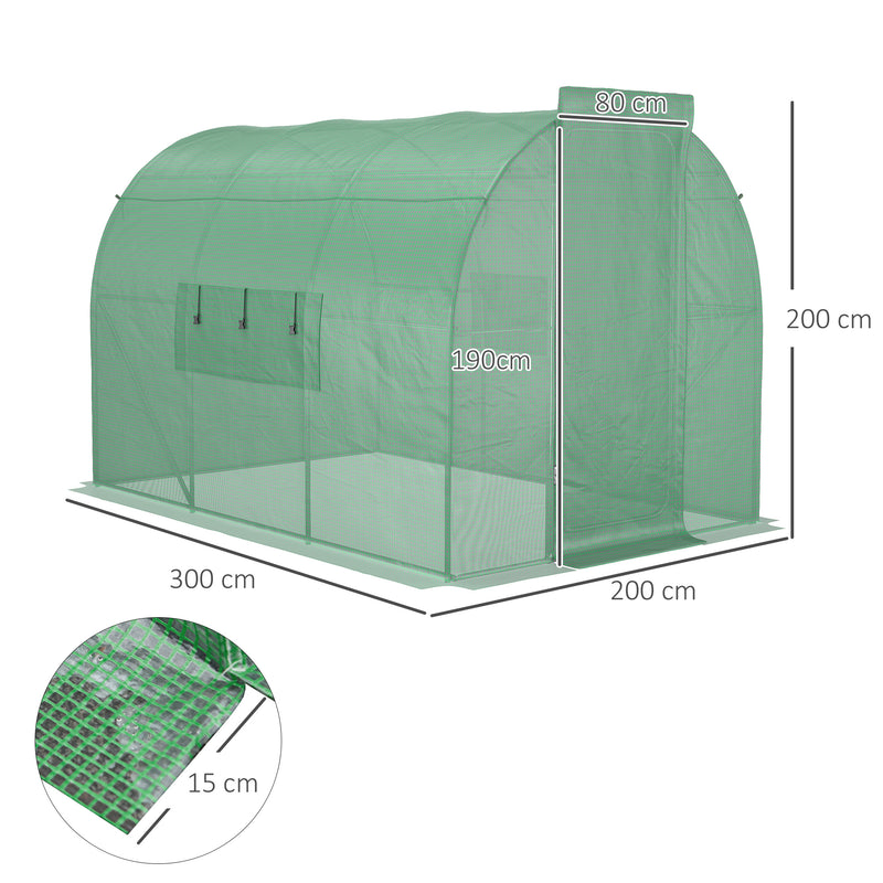 Estufa Tipo Túnel 300x200x200 cm com Porta e Janelas Estufa de Jardim Grande com Cobertura de PE e Metal Galvanizado para Cultivos de Plantas Verduras Verde