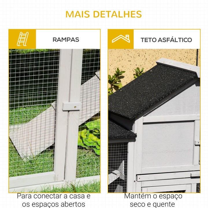 Coelheira de Exterior Grande Gaiola de Madeira para 2-4 Coelhos com Teto Asfáltico Recinto de Arame Bandeja Removível e Rampas 210x45,5x84,5cm Cinza e Preto