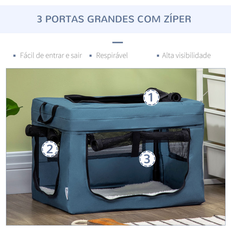 Transportadora para Cães e Gatos Bolsa Portátil e Dobrável para Animais de Estimação Transportadora com 3 Portas e Almofada Suave 48,5x34x34 cm Azul