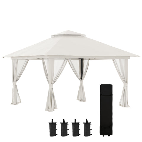 Tenda Dobrável Pop-UP 3,92x3,92x2,83m Tenda de Jardim com Altura Ajustável Proteção UV50+ Teto Duplo Rede Mosquiteira e Bolsa de Transporte com Rodas para Festas Campismo Bege
