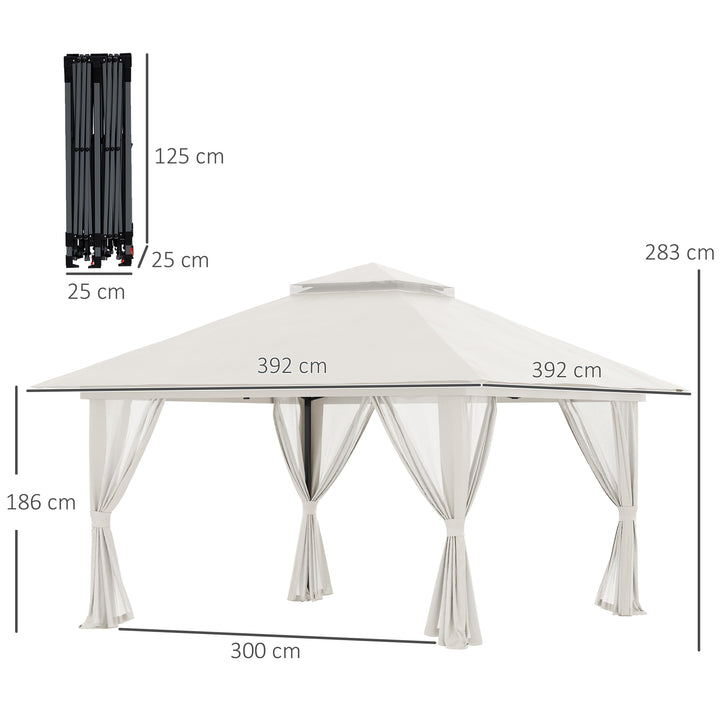 Tenda Dobrável Pop-UP 3,92x3,92x2,83m Tenda de Jardim com Altura Ajustável Proteção UV50+ Teto Duplo Rede Mosquiteira e Bolsa de Transporte com Rodas para Festas Campismo Bege