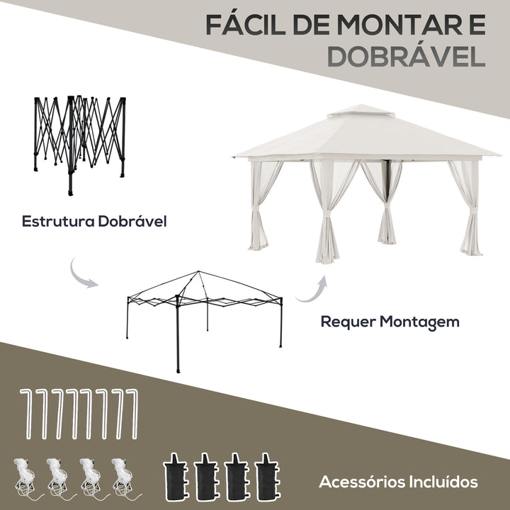 Tenda Dobrável Pop-UP 3,92x3,92x2,83m Tenda de Jardim com Altura Ajustável Proteção UV50+ Teto Duplo Rede Mosquiteira e Bolsa de Transporte com Rodas para Festas Campismo Bege