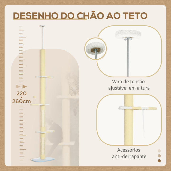 Árvore para Gatos do Chão ao Teto 220-260cm Altura Ajustável Torre para Gatos com 3 Plataformas Poste de Sisal e Bola para Brincar 47x34x220-260cm Creme