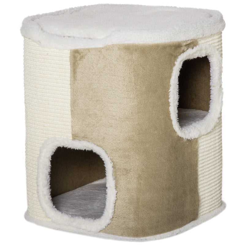 Barril Arranhador para Gatos de 2 Níveis com Caverna de Sisal Pelúcia Suave e Plataforma de Velo 40x40x49cm Bege