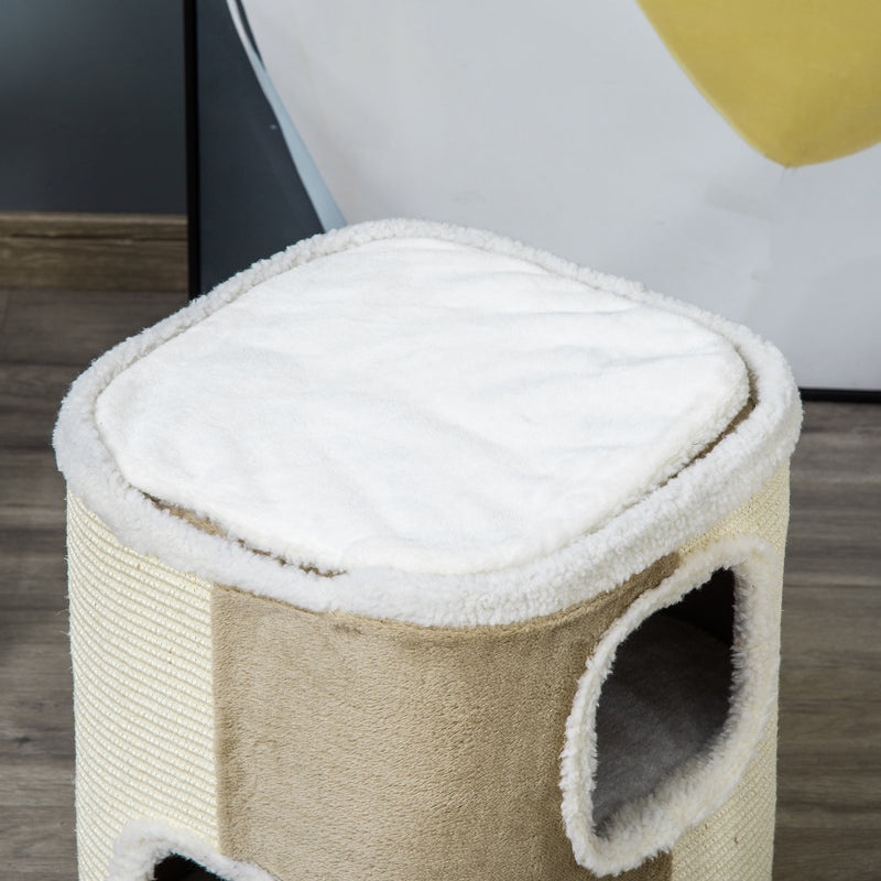 Barril Arranhador para Gatos de 2 Níveis com Caverna de Sisal Pelúcia Suave e Plataforma de Velo 40x40x49cm Bege