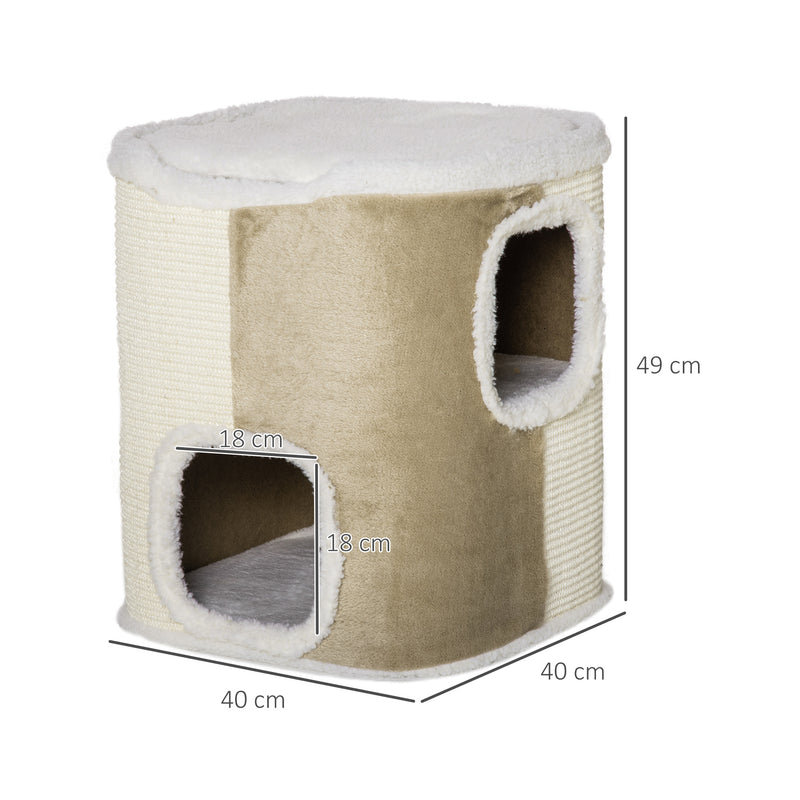 Barril Arranhador para Gatos de 2 Níveis com Caverna de Sisal Pelúcia Suave e Plataforma de Velo 40x40x49cm Bege