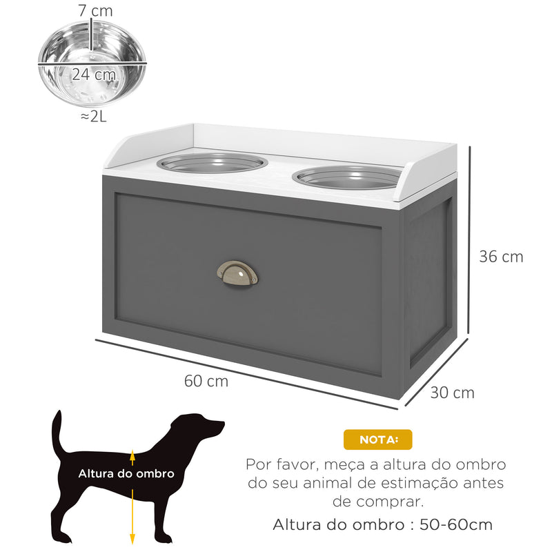 Comedouro Elevado para Cães Comedouro para Cães com 2 Tigelas 2000ml de Aço Inoxidável Gaveta Oculta com Suporte de Madeira para Animais de Estimação 60x30x36 cm Cinza