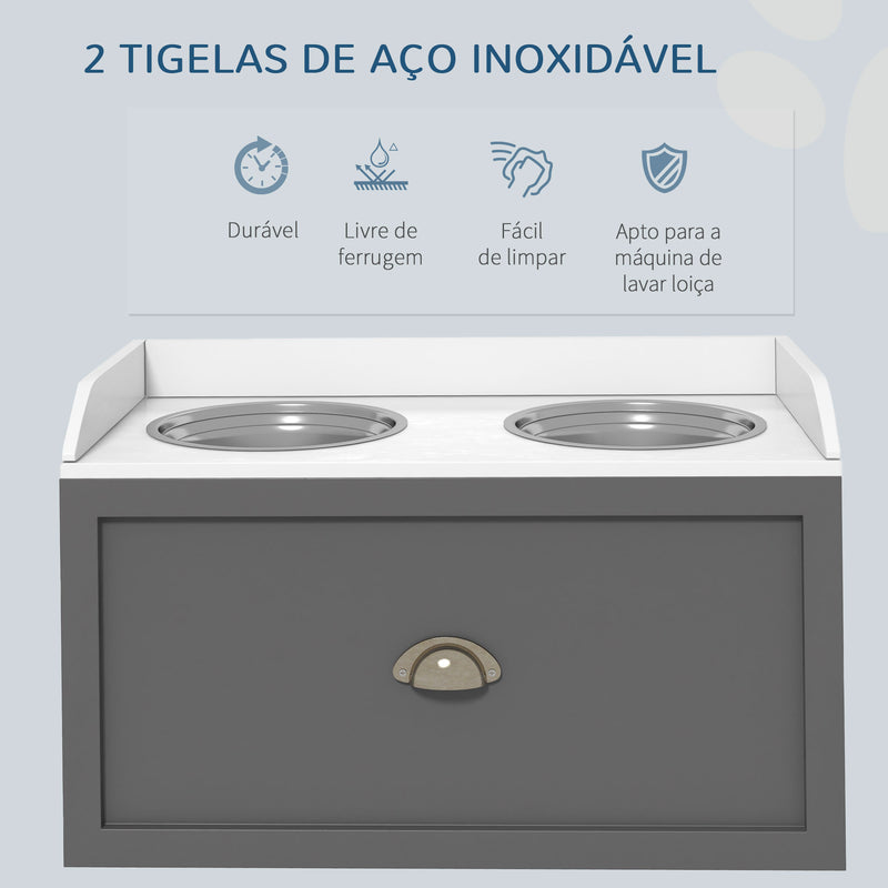 Comedouro Elevado para Cães Comedouro para Cães com 2 Tigelas 2000ml de Aço Inoxidável Gaveta Oculta com Suporte de Madeira para Animais de Estimação 60x30x36 cm Cinza