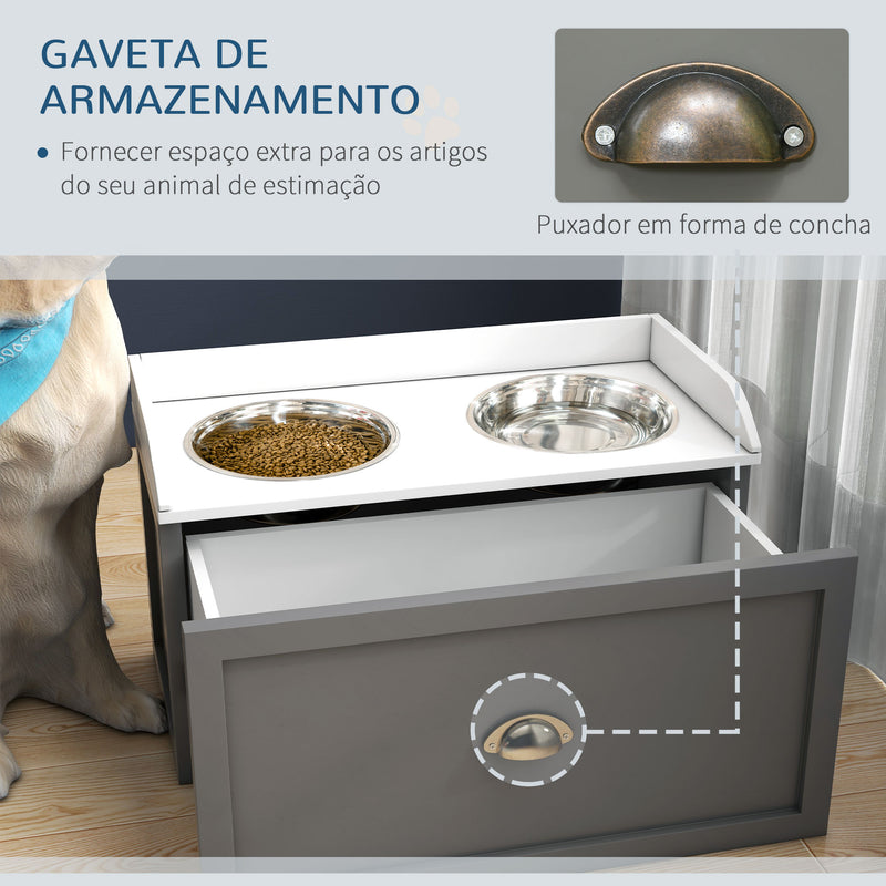 Comedouro Elevado para Cães Comedouro para Cães com 2 Tigelas 2000ml de Aço Inoxidável Gaveta Oculta com Suporte de Madeira para Animais de Estimação 60x30x36 cm Cinza