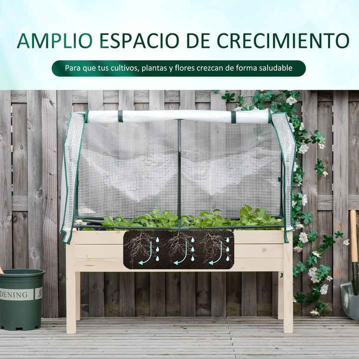 Horta Urbana Elevada de Madeira 121x55x117cm com Cobertura de Proteção Mesa de Jardinagem para Cultivo Flores Vegetais em Jardim Terraço Madeira Natural