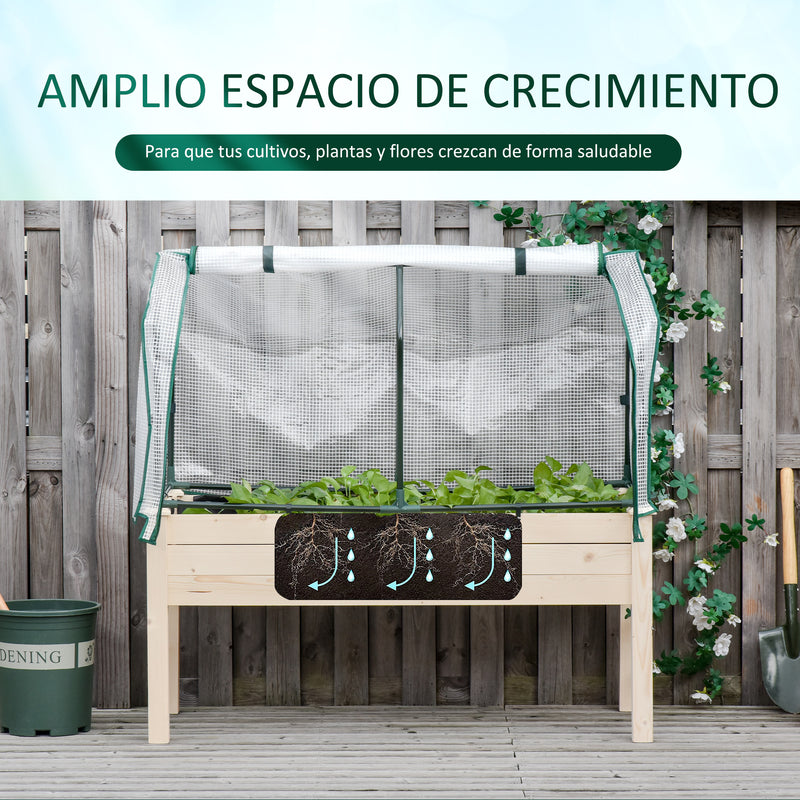 Horta Urbana Elevada de Madeira 121x55x117cm com Cobertura de Proteção Mesa de Jardinagem para Cultivo Flores Vegetais em Jardim Terraço Madeira Natural