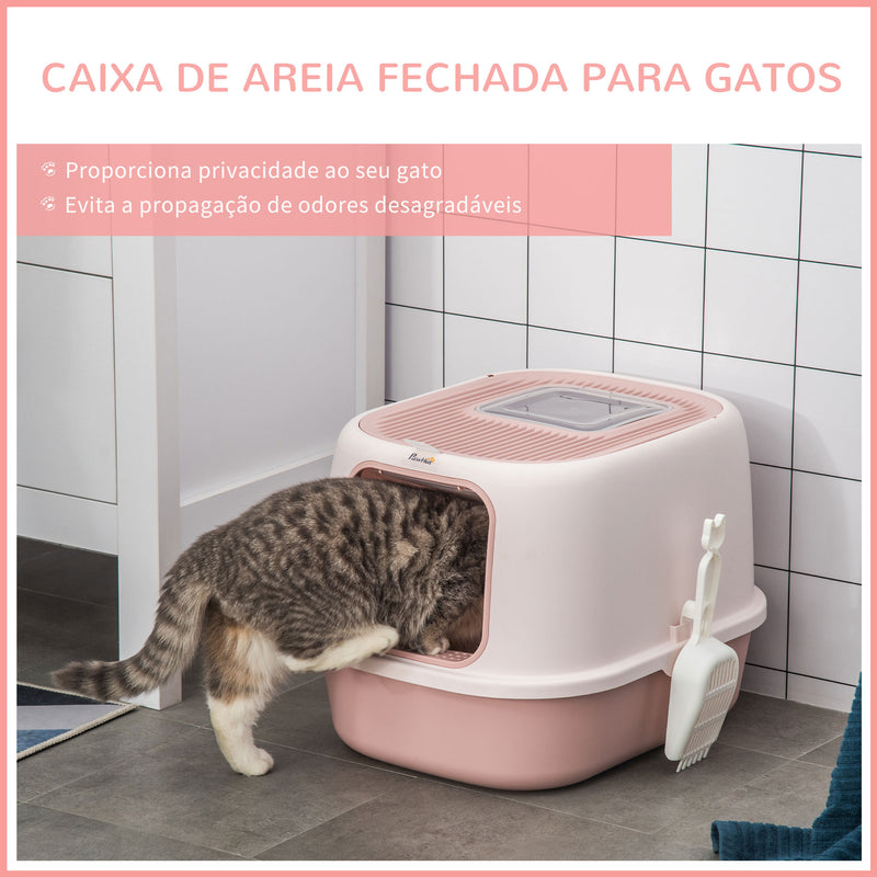 Caixa de Areia para Gatos Caixa de Areia Fechada com Entrada Dianteira Saida Superior Bandeja Removível e Pá 40x53,5x37,5cm Rosa