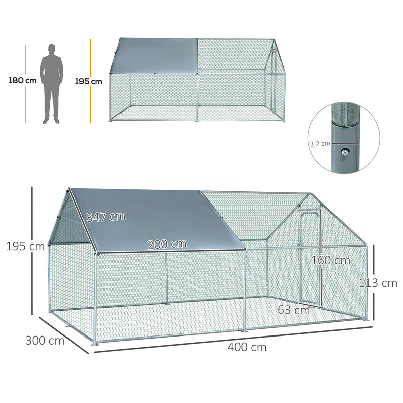 Galinheiro de Exterior Grande de Metal Galvanizado 3x4x1,95 m Gaiola para Galinhas Coelhos com Porta e Cobertura de Tecido de Oxford Resistente aos Raios UV Prata