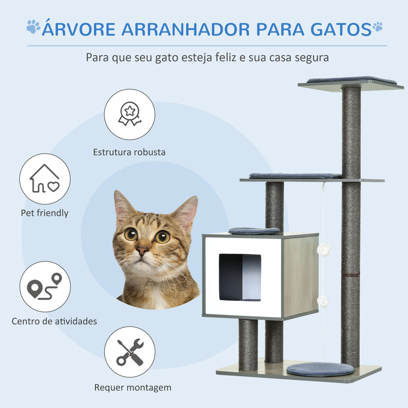 Árvore Arranhadora para Gatos de Madeira 71,5x49,5x120cm Torre para Gatos com Caverna Plataformas Postes Arranhadores de Sisal Almofadas de Pelúcia Suave e Bolas Suspensas Cinza