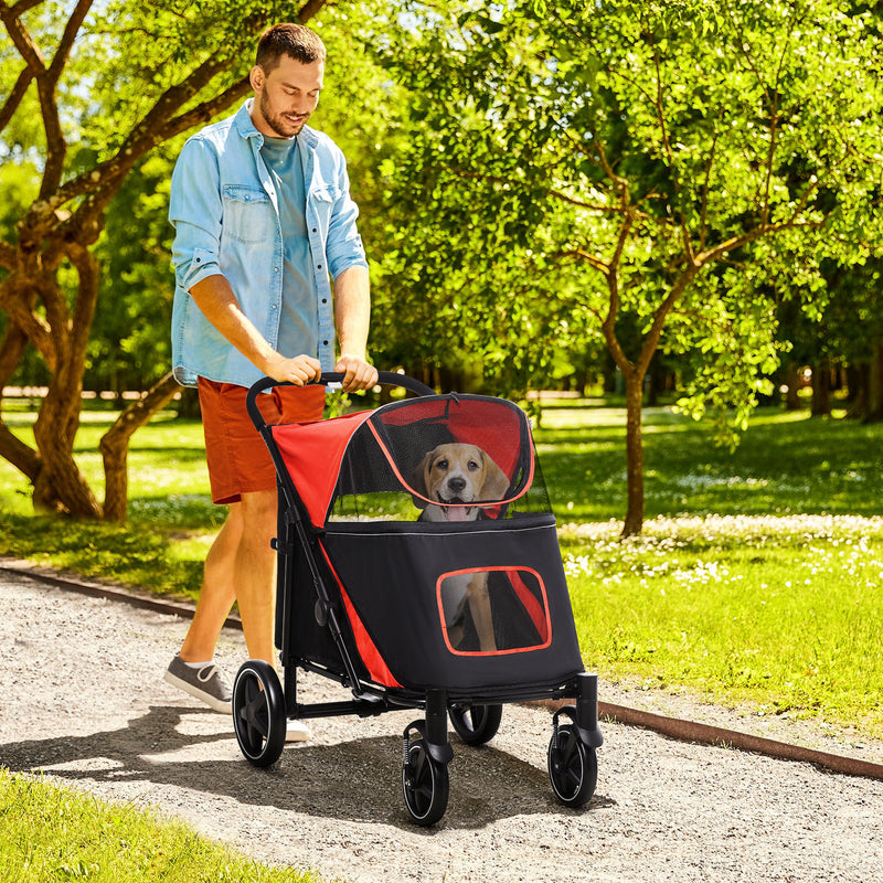 Carrinho para Cães Dobrável Carrinho para Animais de Estimação com Janelas de Malha Cinto de Segurança e Bolsos de Armazenamento Carga Máxima 40 kg 112x65x100 cm Vermelho